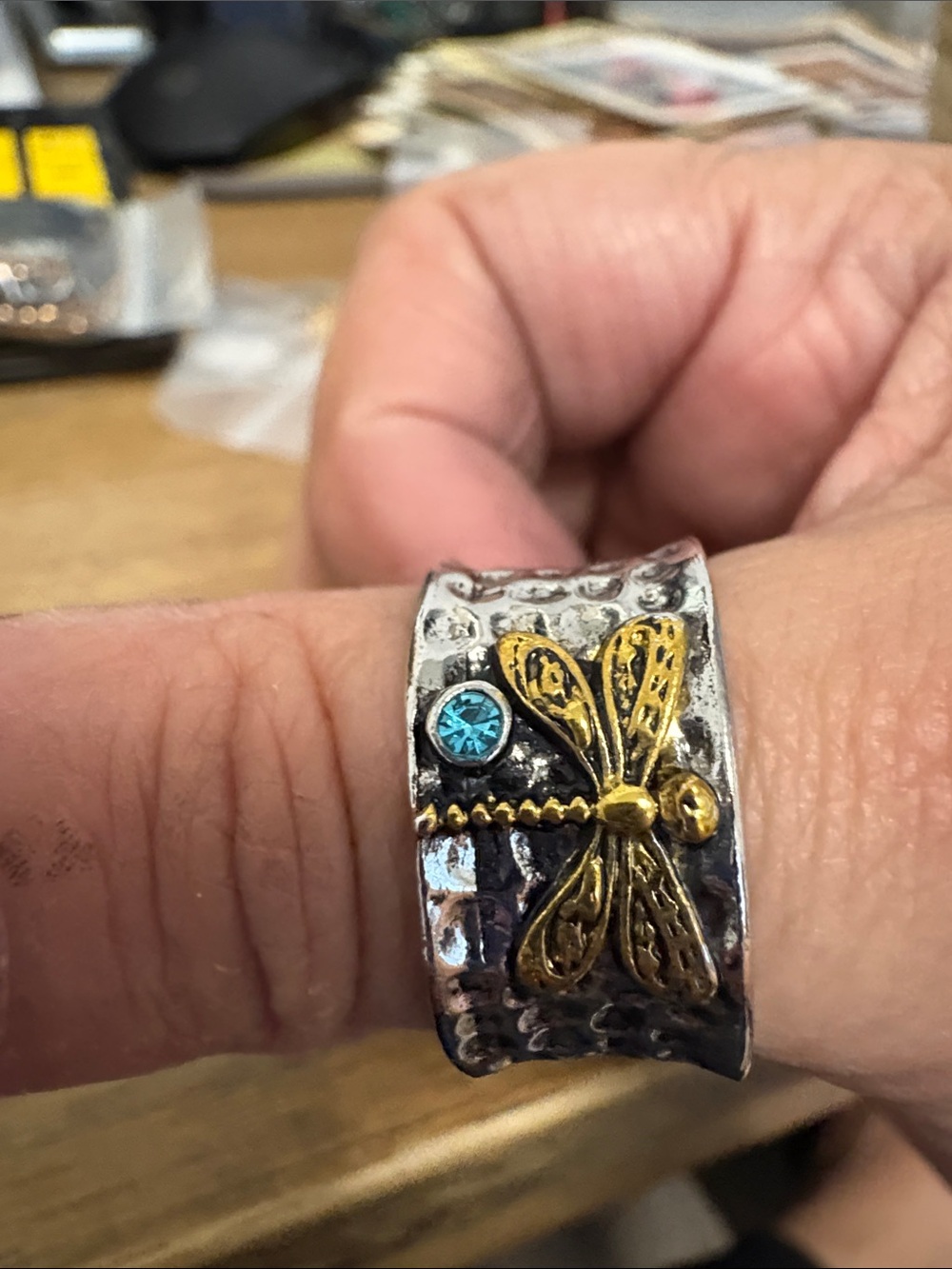 Source Unknown Two-Tone Dragonfly Ring with Blue Stone